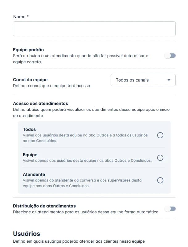 Cadastro de equipe de atendimento no Coqueiro Chat