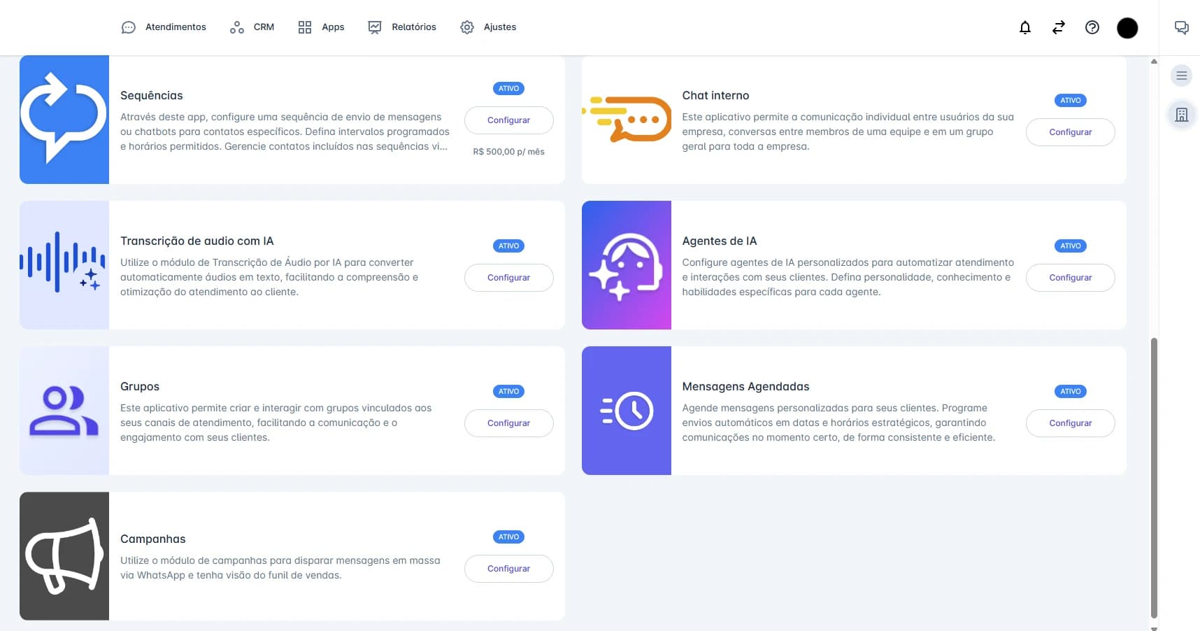 Integrações e aplicativos conectados ao Coqueiro Chat