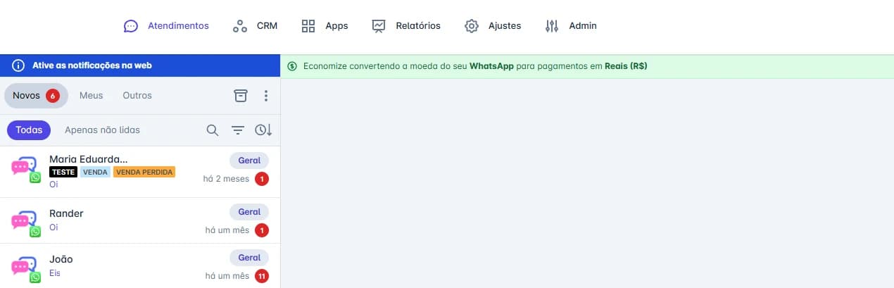 Aviso de pagamentos em reais no topo da tela de Atendimentos do Coqueiro Chat