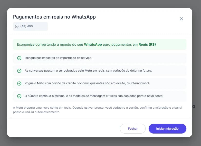 Janela de pagamentos em reais no WhatsApp com os benefícios da migração e o botão Iniciar migração