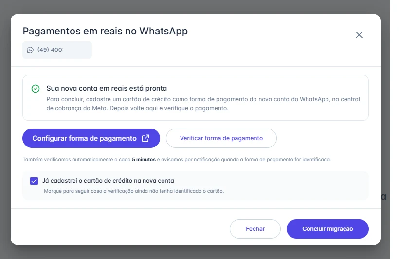 Janela com a nova conta em reais pronta e os botões para configurar e verificar a forma de pagamento