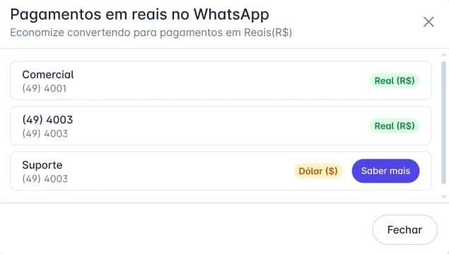 Lista de números do WhatsApp com a moeda de cobrança de cada um